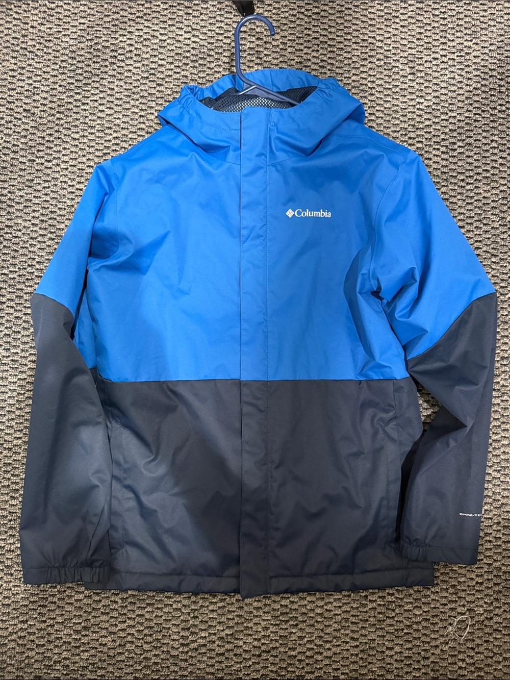 Columbia Blue and Charcoal Hooded Rain Jacket